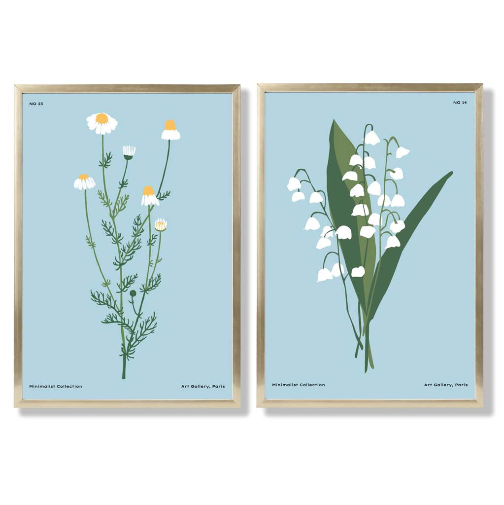 Illustration einer blauen Wildblume, gerahmtes Set aus 2 Kunstdrucken