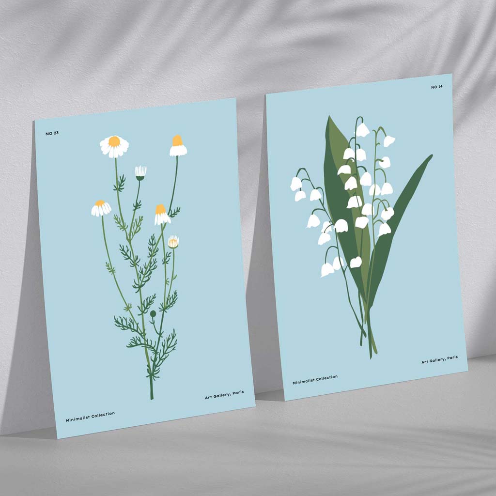 Set mit Illustrationen blauer Wildblumen und 2 Kunstdrucken