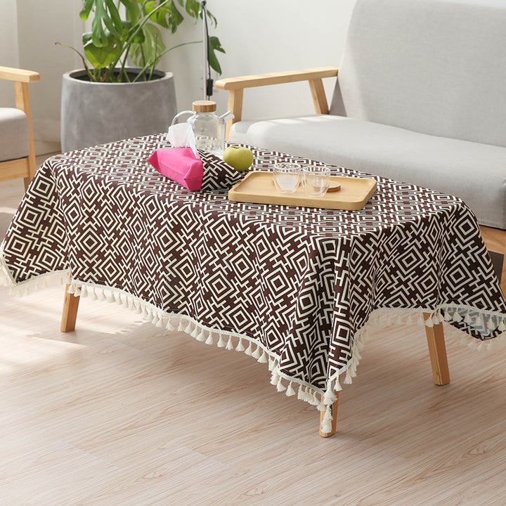 Gewebte Baumwoll-Tischdecke im Ethno-Jacquard mit Quastenbordüre Karnz