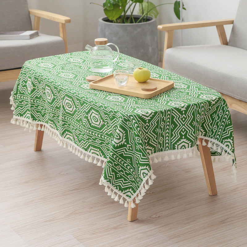Gewebte Baumwoll-Tischdecke im Ethno-Jacquard mit Quastenbordüre Karnz