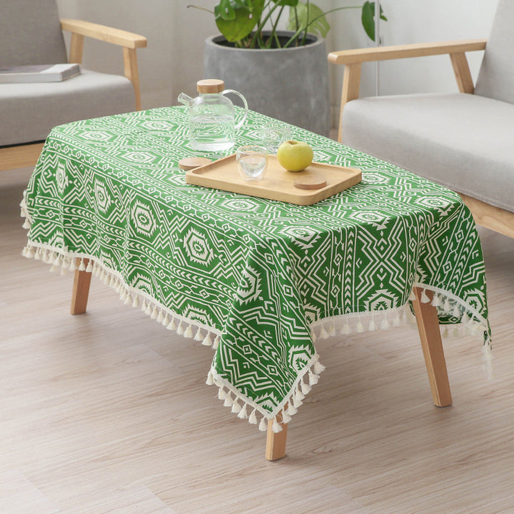 Gewebte Baumwoll-Tischdecke im Ethno-Jacquard mit Quastenbordüre Karnz