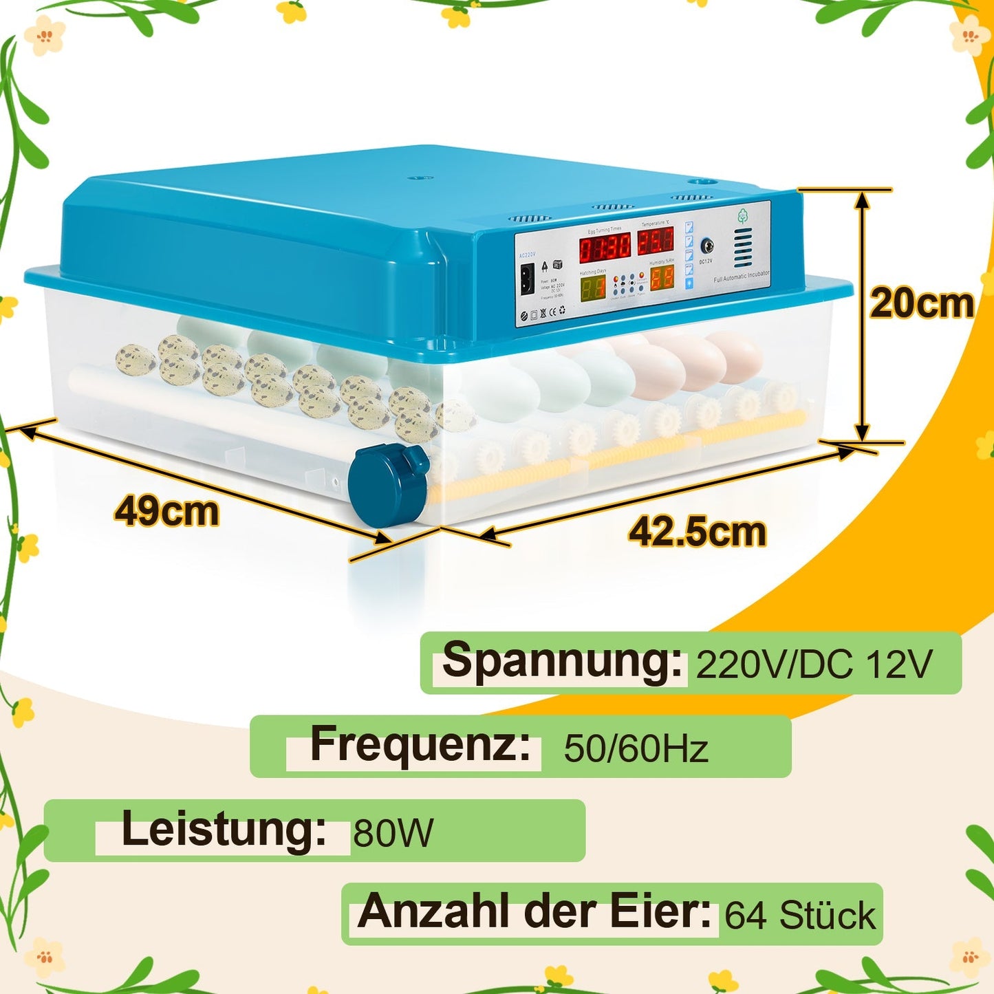 Brutautomat Vollautomatisch Inkubator für Hühner 64 Eier | Karnz