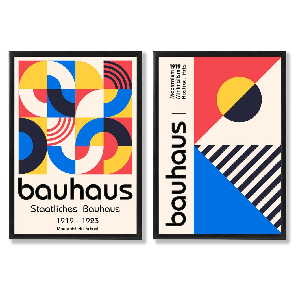 Bauhaus-Stil, Rot und Blau, Mid-Century, gerahmtes Set aus 2 Kunstdrucken