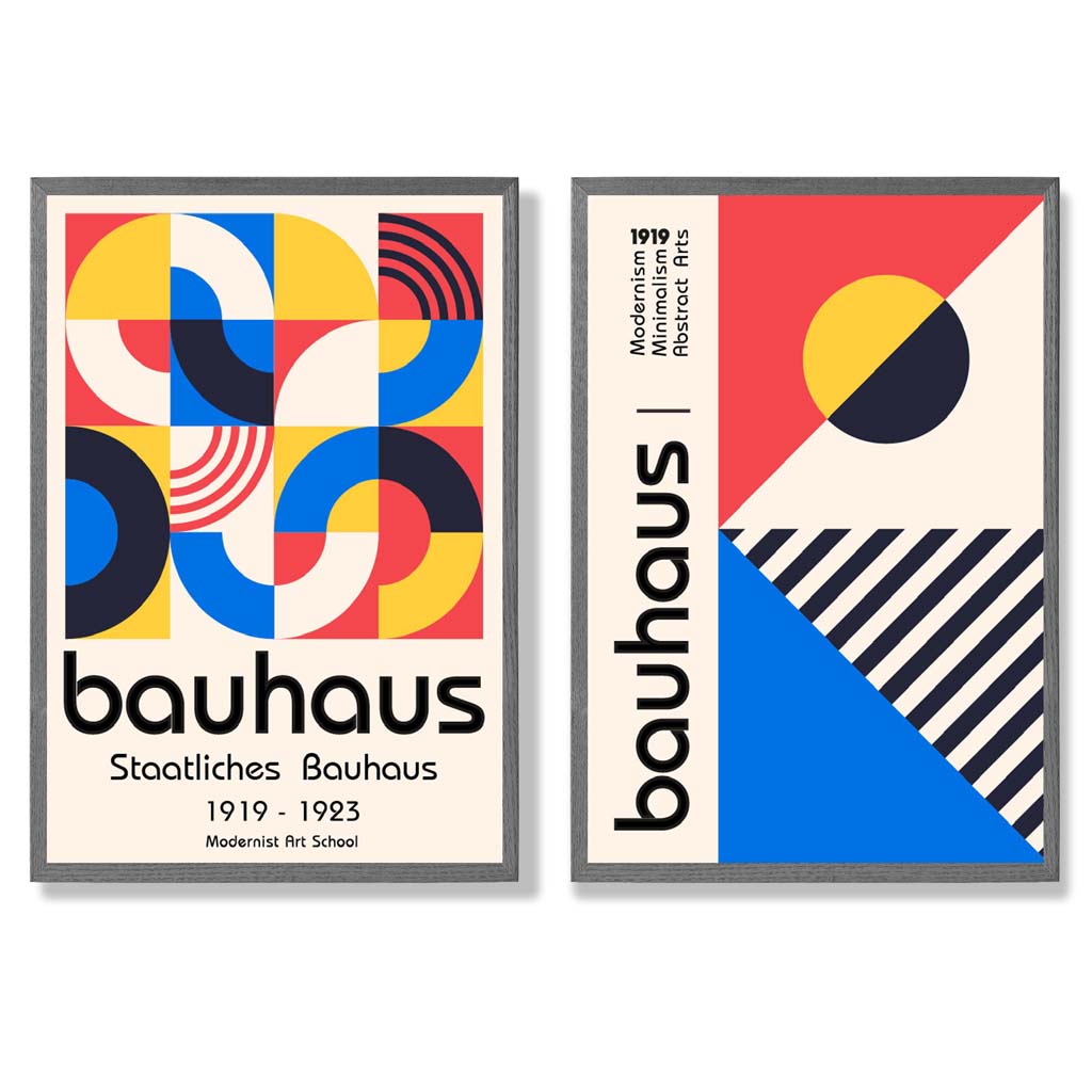 Bauhaus-Stil, Rot und Blau, Mid-Century, gerahmtes Set aus 2 Kunstdrucken