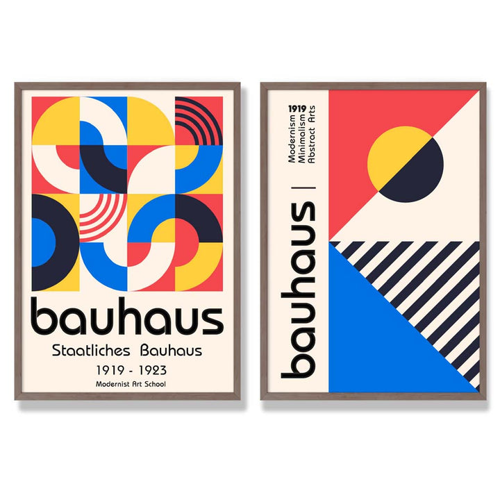 Bauhaus-Stil, Rot und Blau, Mid-Century, gerahmtes Set aus 2 Kunstdrucken