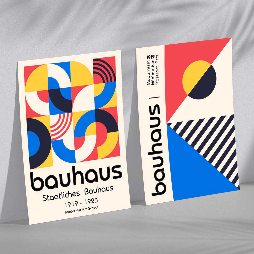 Bauhaus-Stil, Rot und Blau, Mid-Century, gerahmtes Set aus 2 Kunstdrucken