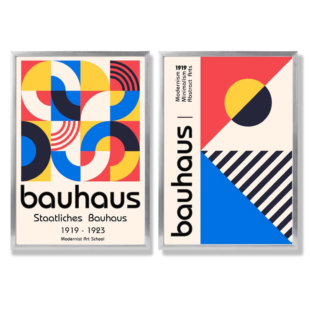 Bauhaus-Stil, Rot und Blau, Mid-Century, gerahmtes Set aus 2 Kunstdrucken