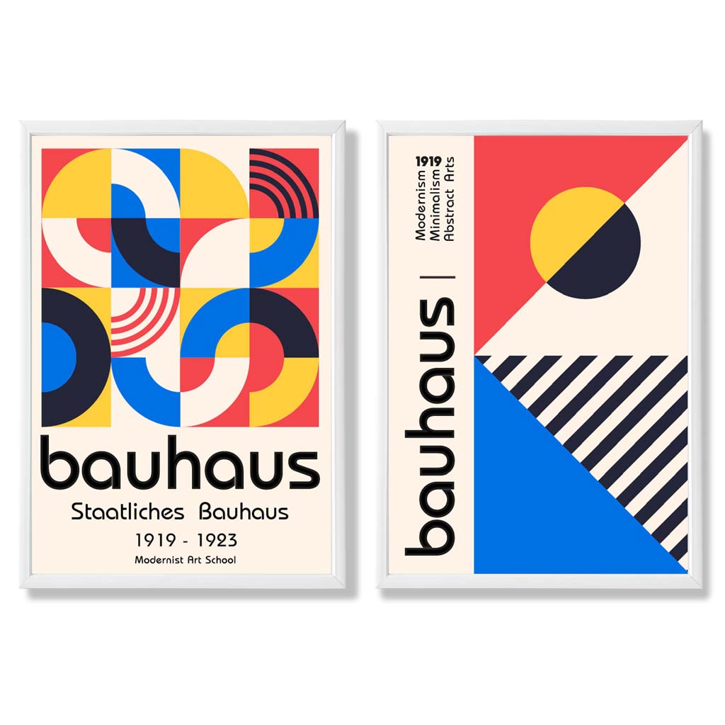 Bauhaus-Stil, Rot und Blau, Mid-Century, gerahmtes Set aus 2 Kunstdrucken