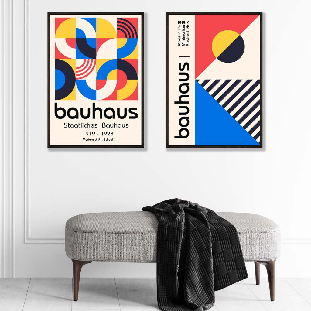 Bauhaus-Stil, Rot und Blau, Mid-Century, gerahmtes Set aus 2 Kunstdrucken