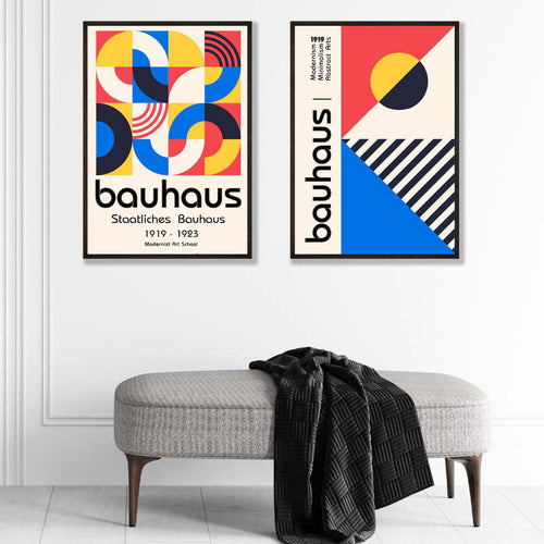 Bauhaus-Stil, Rot und Blau, Mid-Century, gerahmtes Set aus 2 Kunstdrucken