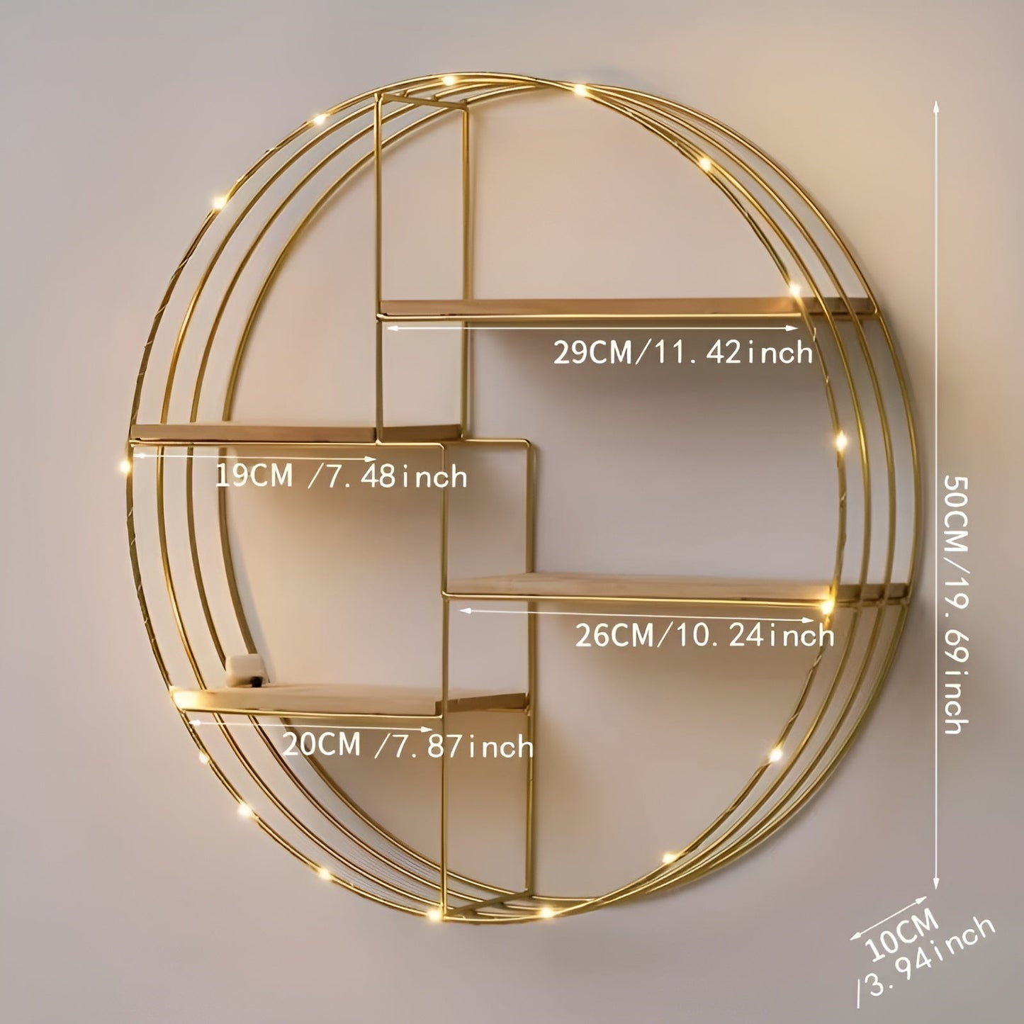 Rundes Wandregal mit 4 Ebenen – Retro-Design aus Holz und Metall | Dekoratives Hängeregal für Wohnzimmer, Badezimmer und Schlafzimmer