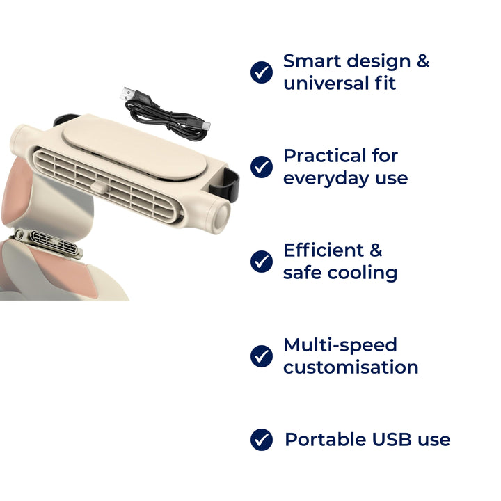 CoolDrive | USB Autositz Kühler Ventilator – Einstellbare 3 Geschwindigkeiten – Leiser USB Betrieb – Klett Kopfstützenclip für Fahrer, Passagiere, Haustiere Karnz