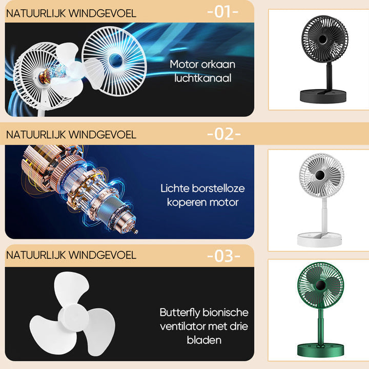 Tragbarer wiederaufladbarer teleskopischer Tischventilator mit geräuschlosem Design und höhenverstellbar | Karnz