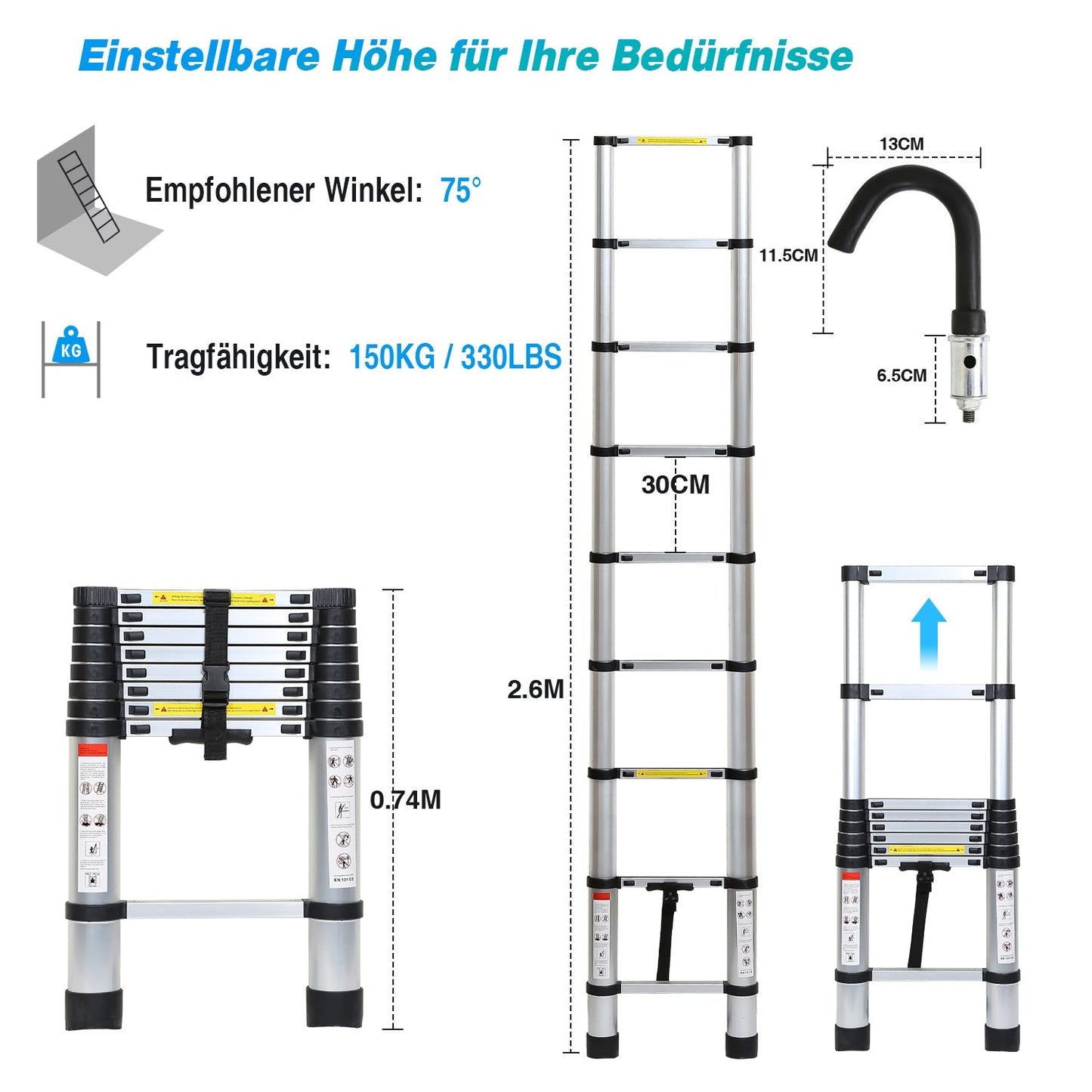 Teleskopleiter mit 2 Abnehmbarem Haken | Karnz