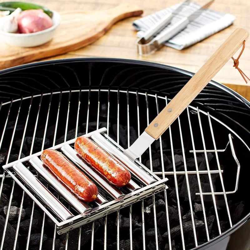 Rotierendes Hot Dog Grill Rack mit abnehmbarem Holzgriff Karnz