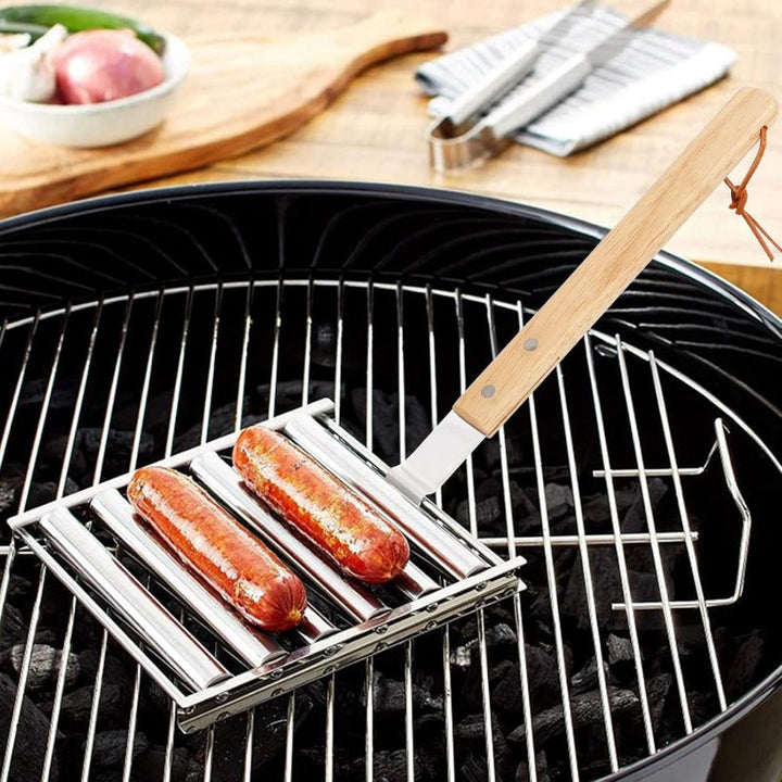 Rotierendes Hot Dog Grill Rack mit abnehmbarem Holzgriff Karnz