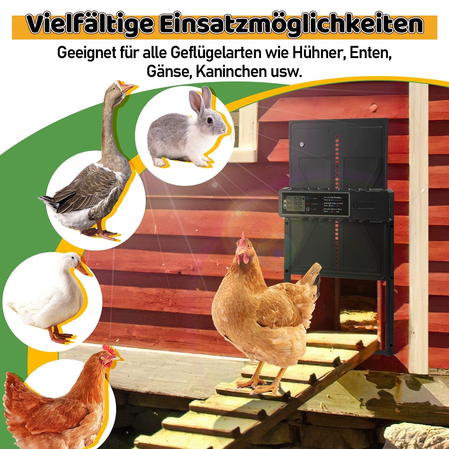 Elektrische Hühnerklappe Solar mit LED Display und Fernbedienung | Karnz