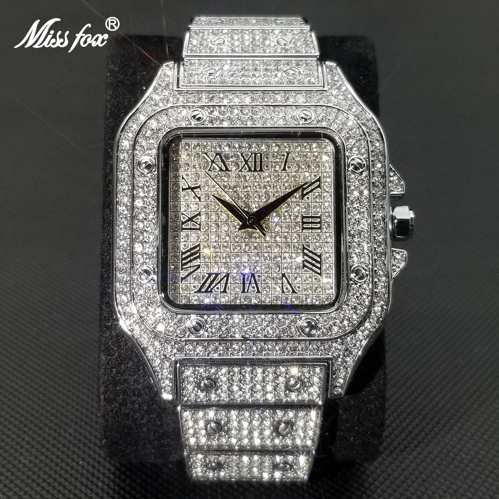 Karnz | MISSFOX Ice Out Square Herrenuhr | 18K Gold Nano-Vakuum-Beschichtung | Schweizer Quarz-Uhrwerk | Vollbesetzt mit Lab-Diamanten | Edelstahl-Gehäuse | Wasserdicht 3 ATM