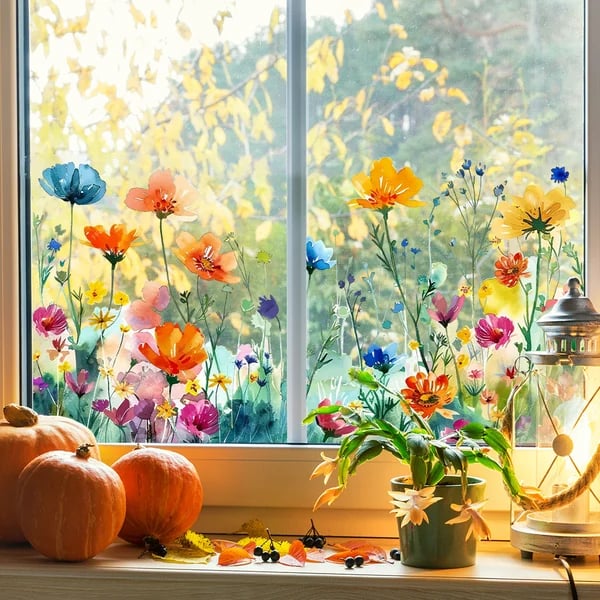 Karnz | 💐 Buntes Blumengeschenk Fensteraufkleber 🖼️ (Entfernbare ohne Rückstände)