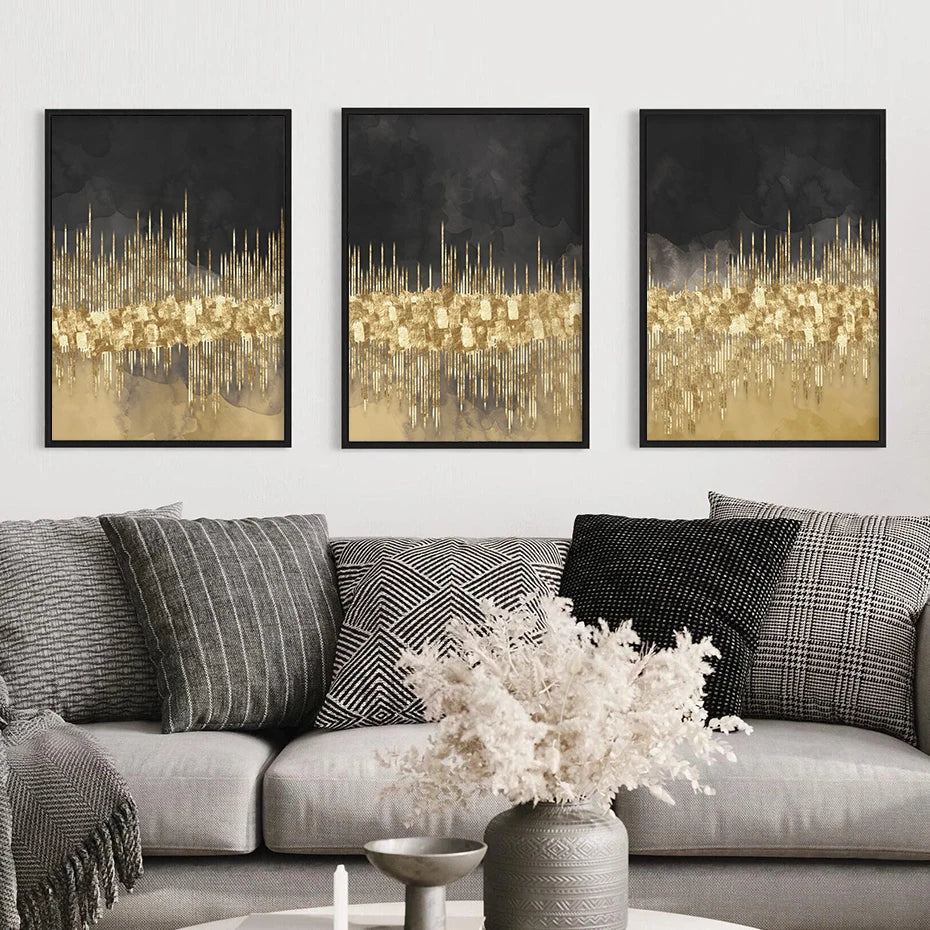 Abstrakte goldene Stadtlandschaft auf schwarzem Aquarell-Leinwanddruck Wandkunst leichte Luxusbilder für Wohnzimmer Schlafzimmer Home Office Dekor | Karnz