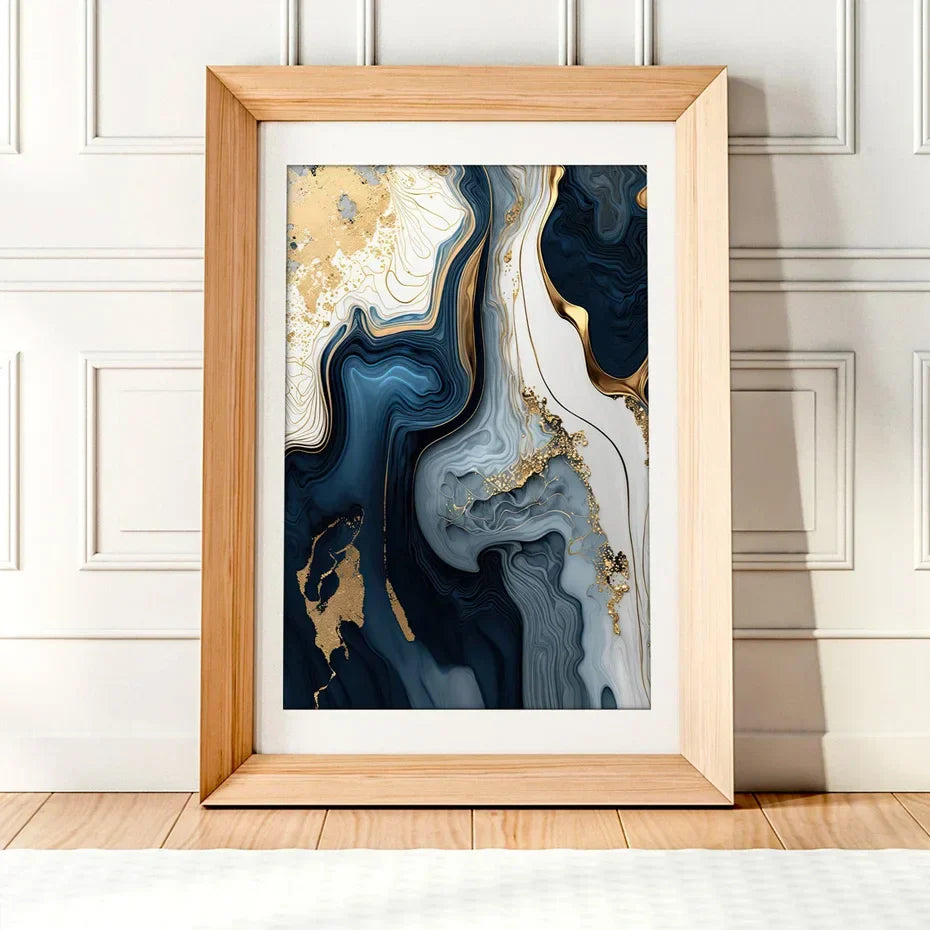 Tiefsee-Ozeanblau Gold-Marmor-Druck Wandkunst Feine Kunst Leinwand Drucke Poster Bilder Für Wohnzimmer Esszimmer Licht Luxus Wohnkultur | Karnz