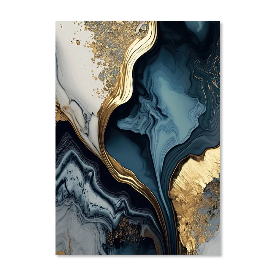 Tiefsee-Ozeanblau Gold-Marmor-Druck Wandkunst Feine Kunst Leinwand Drucke Poster Bilder Für Wohnzimmer Esszimmer Licht Luxus Wohnkultur | Karnz