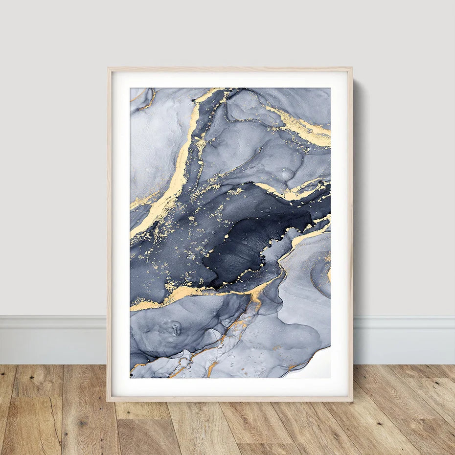 Schattierungen von Blau Abstrakte Flüssige Marmor Wandkunst Feine Kunst Leinwanddruck Mit Goldenen Akzenten Bilder Für Wohnzimmer Zeitgenössische Schlafzimmer Kunst Dekor | Karnz