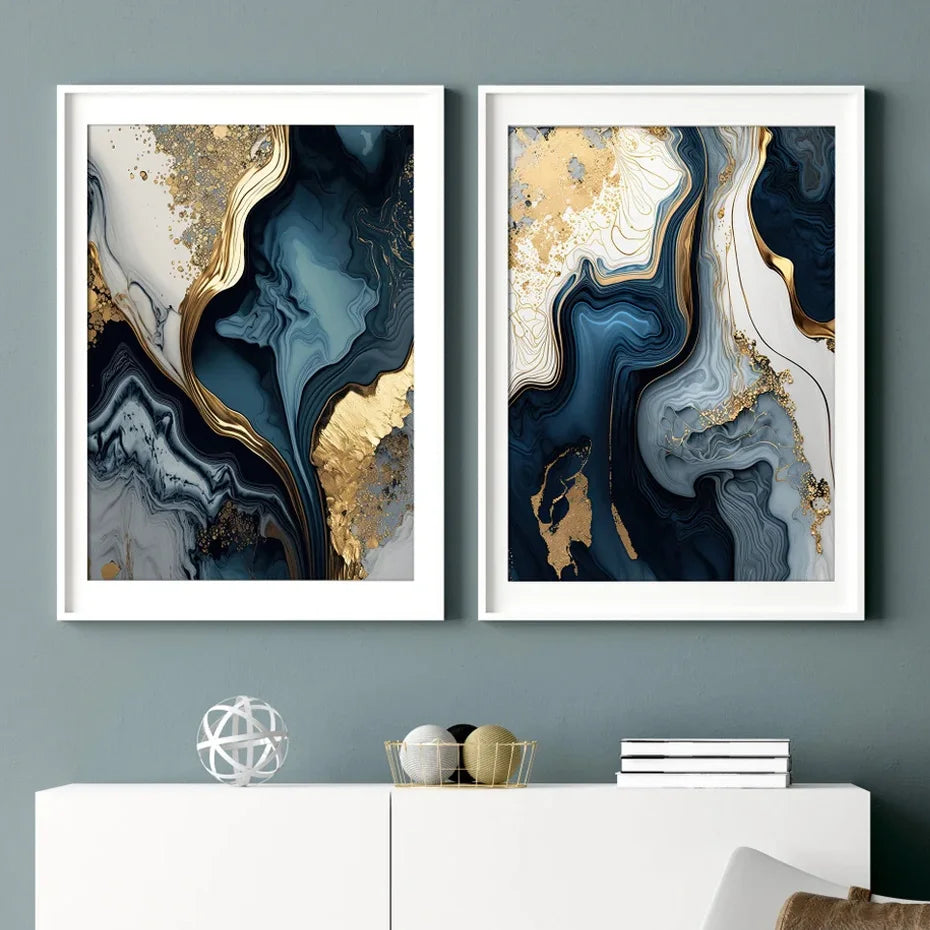 Tiefsee-Ozeanblau Gold-Marmor-Druck Wandkunst Feine Kunst Leinwand Drucke Poster Bilder Für Wohnzimmer Esszimmer Licht Luxus Wohnkultur | Karnz