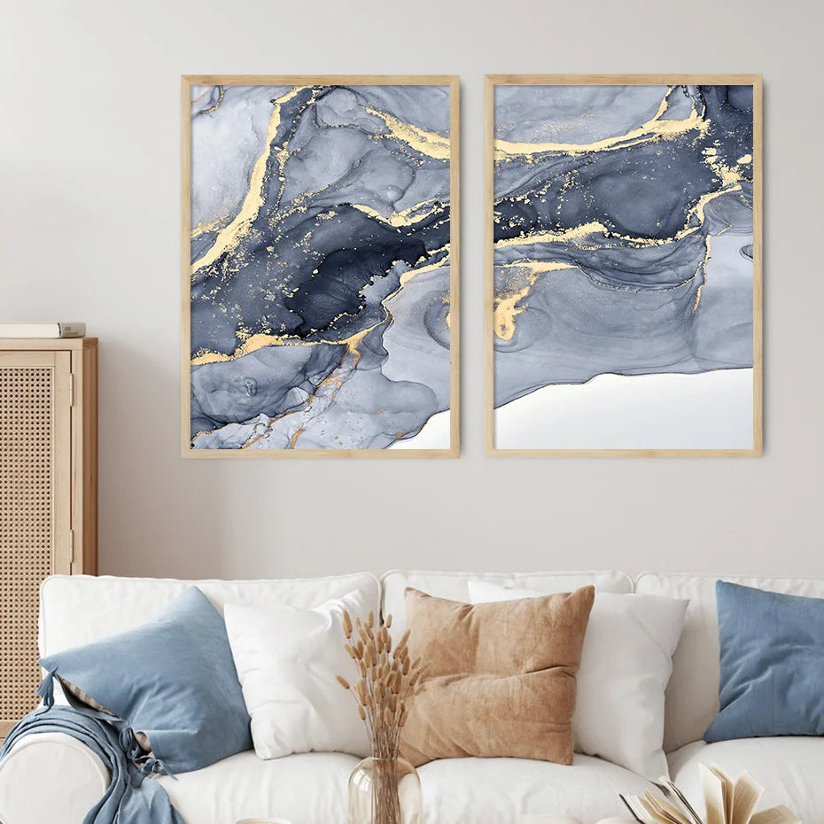Schattierungen von Blau Abstrakte Flüssige Marmor Wandkunst Feine Kunst Leinwanddruck Mit Goldenen Akzenten Bilder Für Wohnzimmer Zeitgenössische Schlafzimmer Kunst Dekor | Karnz