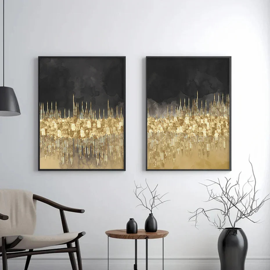 Abstrakte goldene Stadtlandschaft auf schwarzem Aquarell-Leinwanddruck Wandkunst leichte Luxusbilder für Wohnzimmer Schlafzimmer Home Office Dekor | Karnz