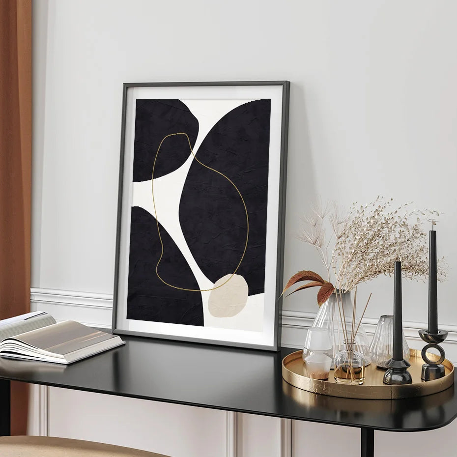 Nordic Minimalist Abstrakt Beige Schwarz Form &amp; Linie Wandkunst Fine Art Leinwanddrucke Bilder für modernes Wohnzimmer Schlafzimmer Kunstdekoration | Karnz