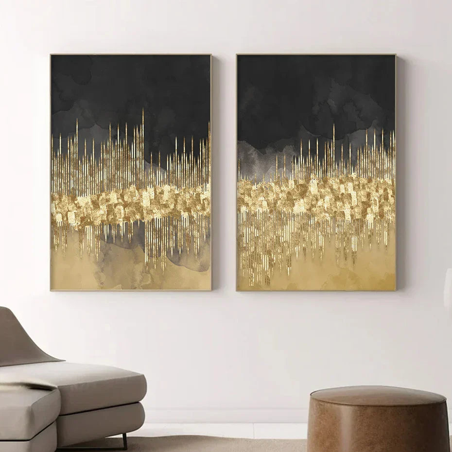 Abstrakte goldene Stadtlandschaft auf schwarzem Aquarell-Leinwanddruck Wandkunst leichte Luxusbilder für Wohnzimmer Schlafzimmer Home Office Dekor | Karnz