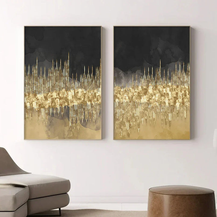 Abstrakte goldene Stadtlandschaft auf schwarzem Aquarell-Leinwanddruck Wandkunst leichte Luxusbilder für Wohnzimmer Schlafzimmer Home Office Dekor | Karnz