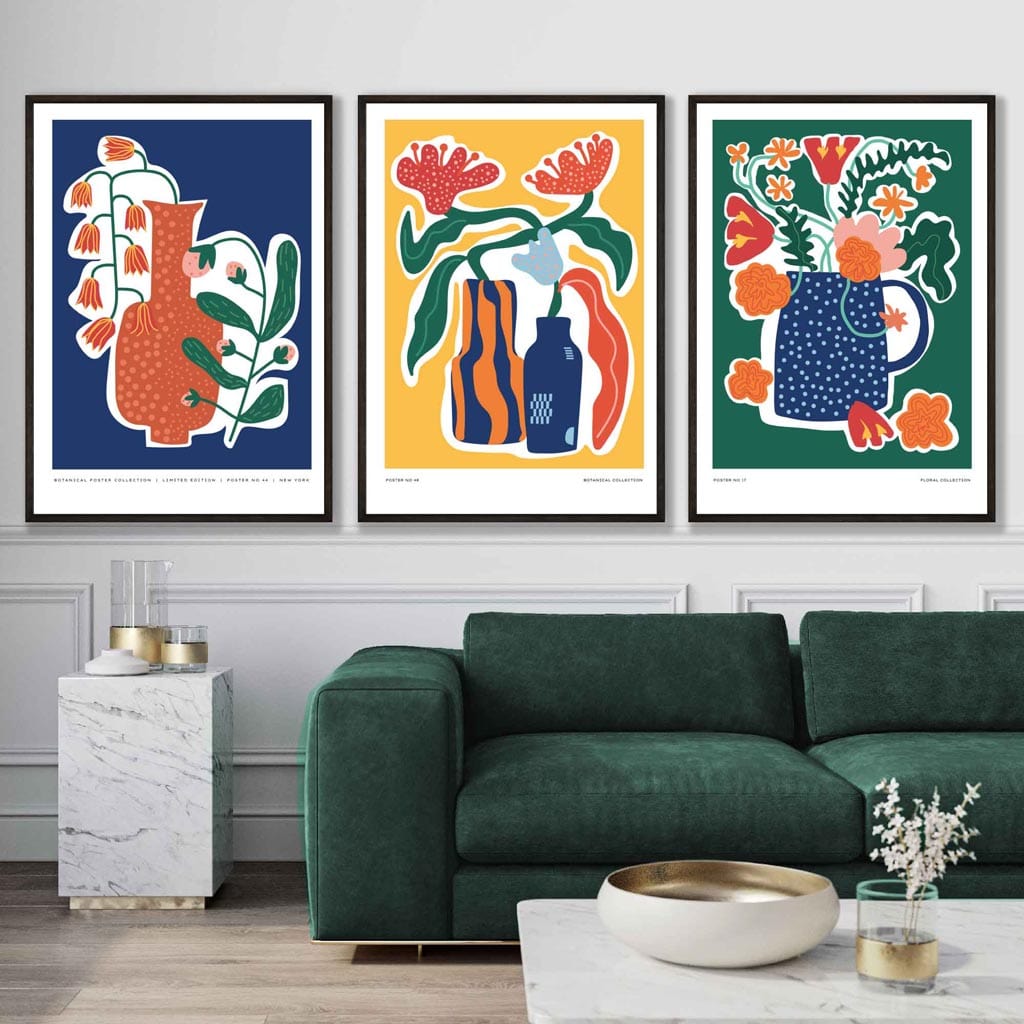 Künstlerisch gestaltetes, farbiges botanisches Poster-Set mit 3 Postern in Blau, Gelb und Grün
