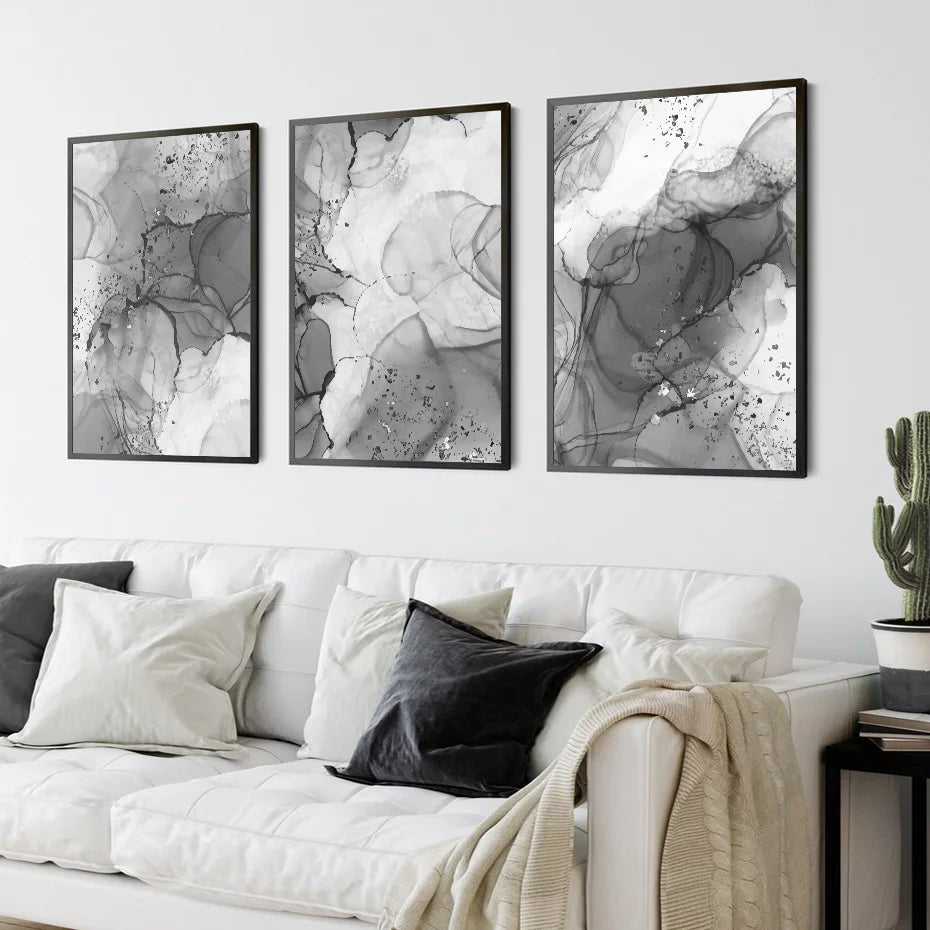 Moderne graue flüssige Marmor-Print Wandkunst feine Kunst Leinwanddrucke abstrakte schwarz-weiße Posterbilder für Wohnzimmer Home Office Kunst Dekor | Karnz