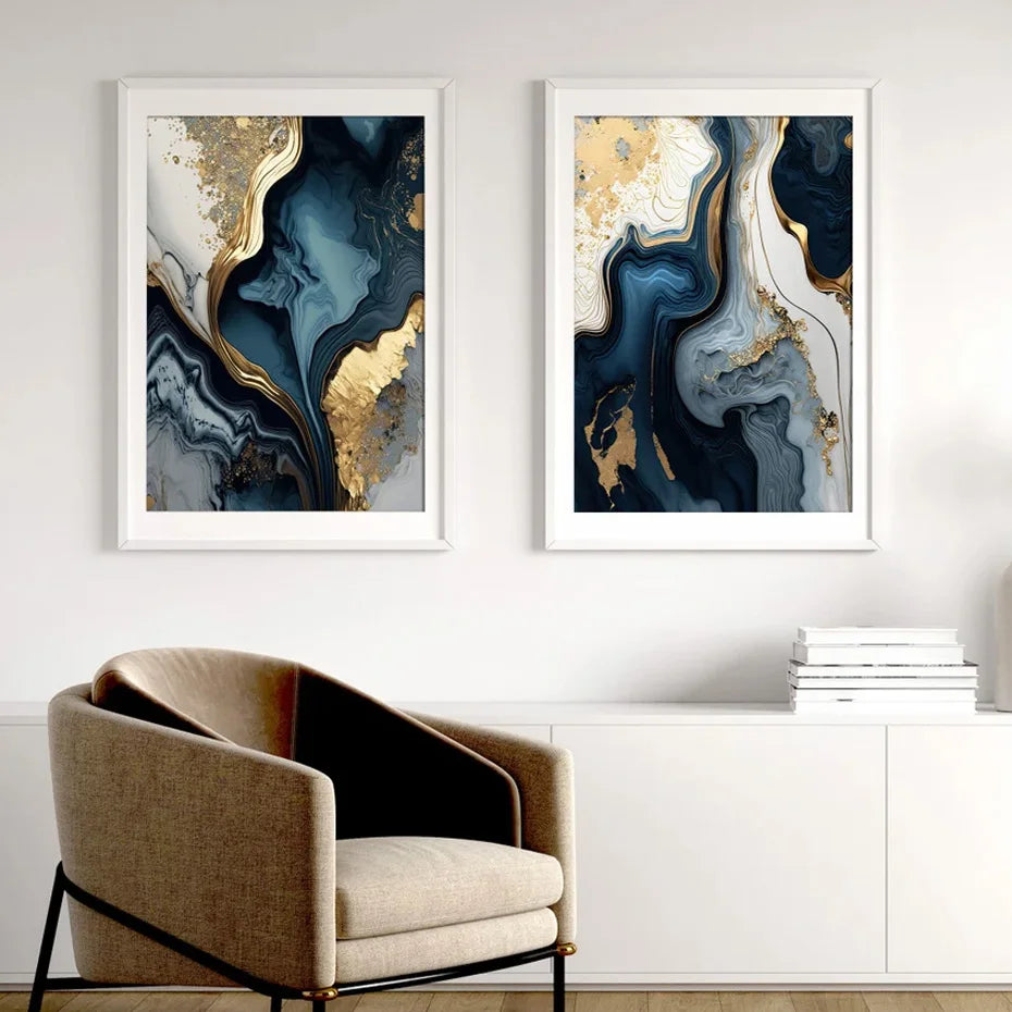 Tiefsee-Ozeanblau Gold-Marmor-Druck Wandkunst Feine Kunst Leinwand Drucke Poster Bilder Für Wohnzimmer Esszimmer Licht Luxus Wohnkultur | Karnz