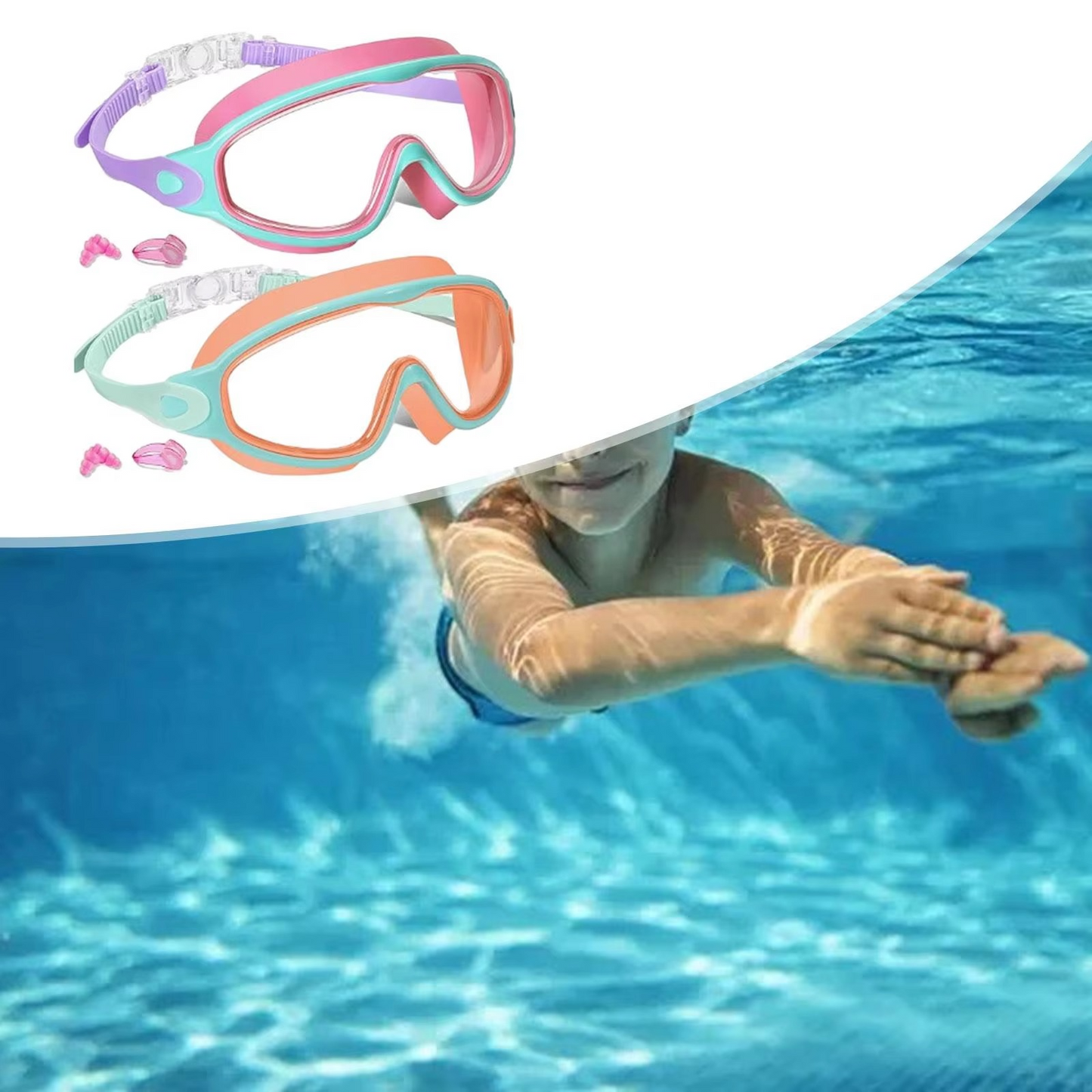 Schwimmbrille - Auslaufsichere Schwimmmaske mit Panoramasicht für Kinder mit Nasenclips und Ohrstöpseln