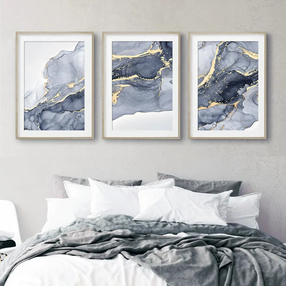 Schattierungen von Blau Abstrakte Flüssige Marmor Wandkunst Feine Kunst Leinwanddruck Mit Goldenen Akzenten Bilder Für Wohnzimmer Zeitgenössische Schlafzimmer Kunst Dekor | Karnz