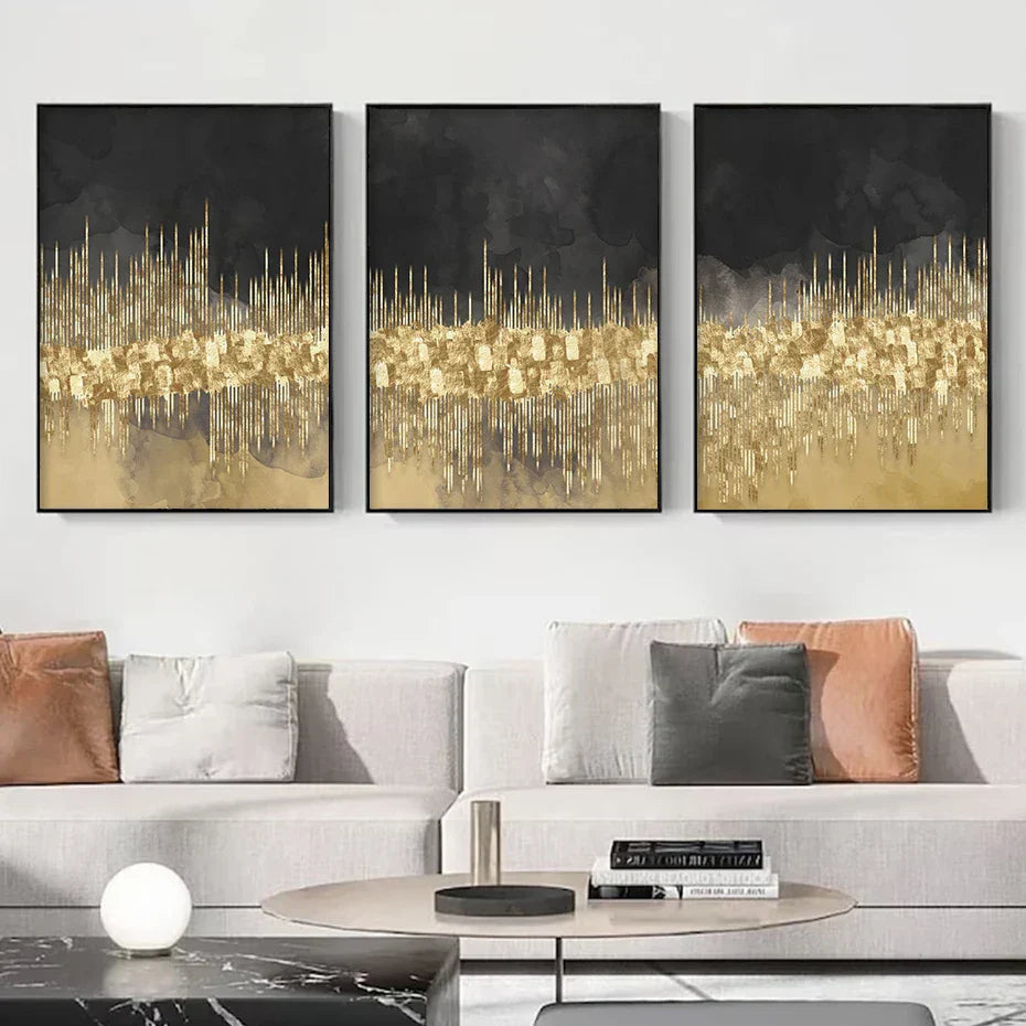 Abstrakte goldene Stadtlandschaft auf schwarzem Aquarell-Leinwanddruck Wandkunst leichte Luxusbilder für Wohnzimmer Schlafzimmer Home Office Dekor | Karnz