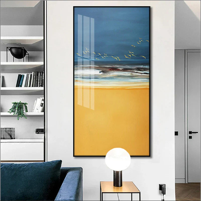 Abstract Strand Szene Leinwanddruck Meer Sand Landschaft Wandkunst Goldener Sand Sanfte Wellen & Dynamischer Himmel mit Vögeln