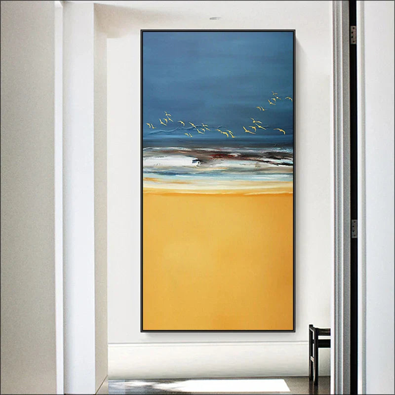 Abstract Strand Szene Leinwanddruck Meer Sand Landschaft Wandkunst Goldener Sand Sanfte Wellen & Dynamischer Himmel mit Vögeln