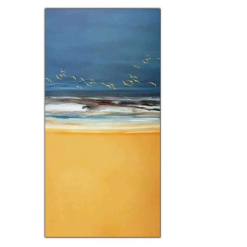 Abstract Strand Szene Leinwanddruck Meer Sand Landschaft Wandkunst Goldener Sand Sanfte Wellen & Dynamischer Himmel mit Vögeln