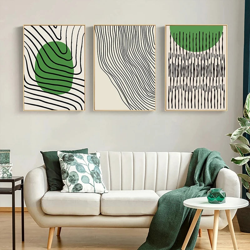 Abstract Grünes Geometrisches Linienkunst Wandkunst Fine Art Leinwanddrucke Bilder Für Modernes Apartment Wohnzimmer Home Office Kunst Dekor | Karnz
