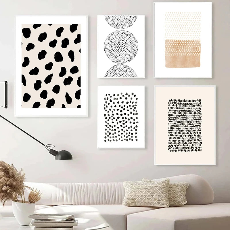 Abstrakte Minimalistische Skandinavische Punktkunst Wandkunst Feine Kunst Leinwanddrucke Schattierungen von Beige Schwarz Braun Neutrale Farbbilder für modernes Wohnzimmer Wohnkultur