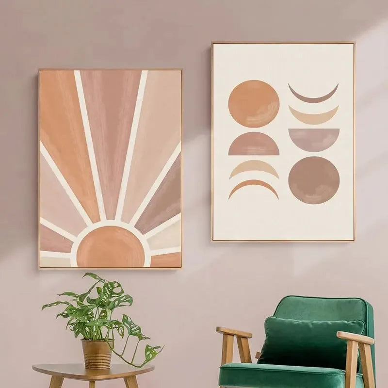 Abstrakte Terrakotta Sonnenstrahlen Mondphasen Wandkunst Fine Art Leinwanddrucke Poster Bilder für modernes Wohnzimmer Schlafzimmer Kunstdekoration