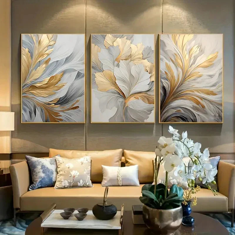 Set aus 3 Stück Abstrakte Weiße Goldene Blätter Florale Wandkunst Feine Kunstleinwanddrucke Moderne Botanische Bilder Für Wohnzimmer Esszimmer Schlafzimmer Kunst Dekor