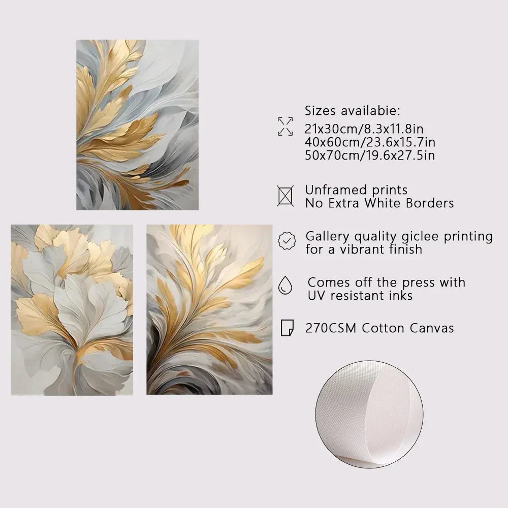 Set aus 3 Stück Abstrakte Weiße Goldene Blätter Florale Wandkunst Feine Kunstleinwanddrucke Moderne Botanische Bilder Für Wohnzimmer Esszimmer Schlafzimmer Kunst Dekor