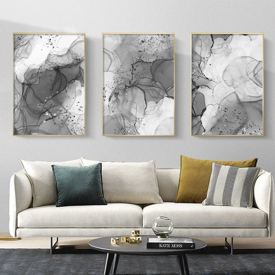 Moderne graue flüssige Marmor-Print Wandkunst feine Kunst Leinwanddrucke abstrakte schwarz-weiße Posterbilder für Wohnzimmer Home Office Kunst Dekor | Karnz