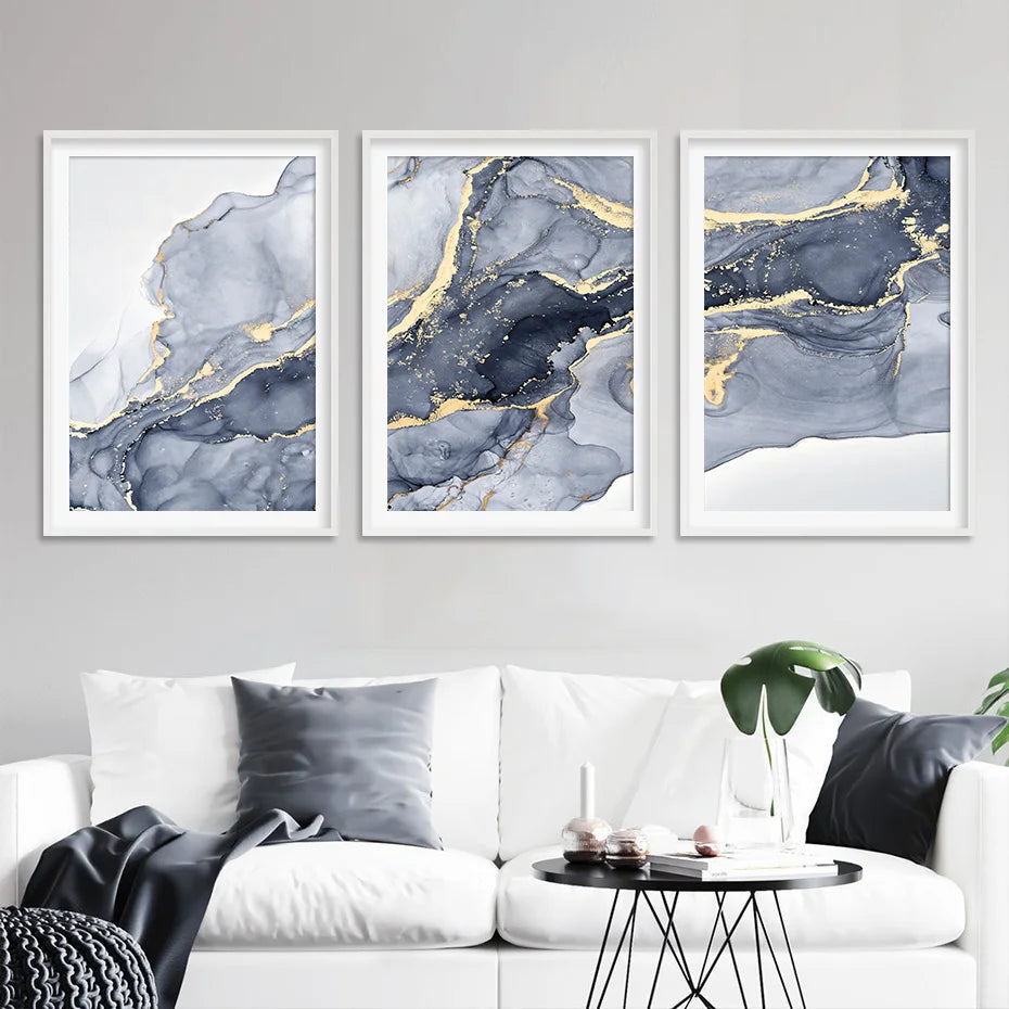 Schattierungen von Blau Abstrakte Flüssige Marmor Wandkunst Feine Kunst Leinwanddruck Mit Goldenen Akzenten Bilder Für Wohnzimmer Zeitgenössische Schlafzimmer Kunst Dekor | Karnz