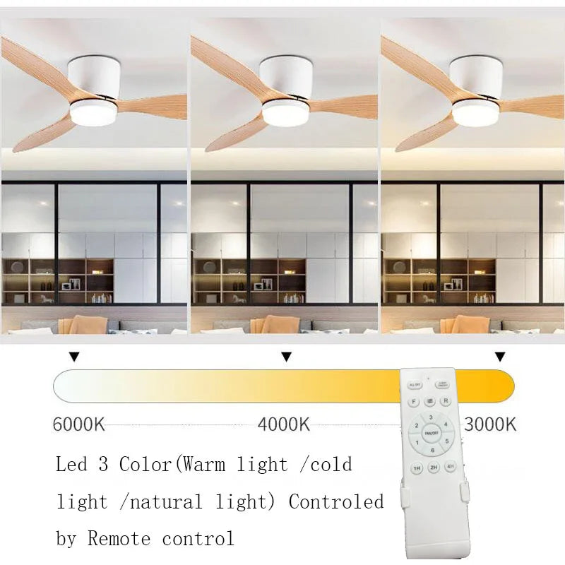 42/52 Zoll Deckenventilatoren mit LED-Lichtern - 3 Farben, 6 Geschwindigkeiten DC-Motor, Fernbedienung, niedrige Boden-Decorative Ventilatoren mit Beleuchtung | Karnz